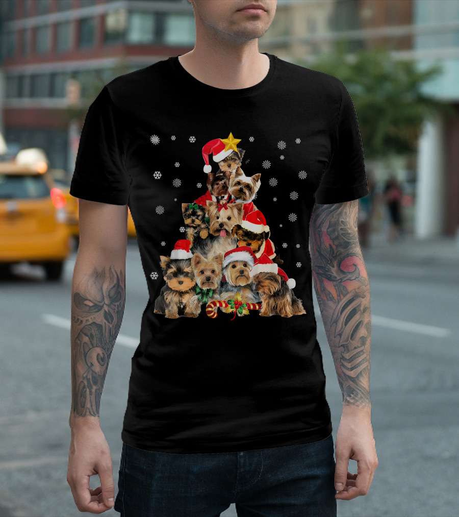 Santa Yorkie Christmas Tree With Snowflakes And Candy Cane T-Shirt