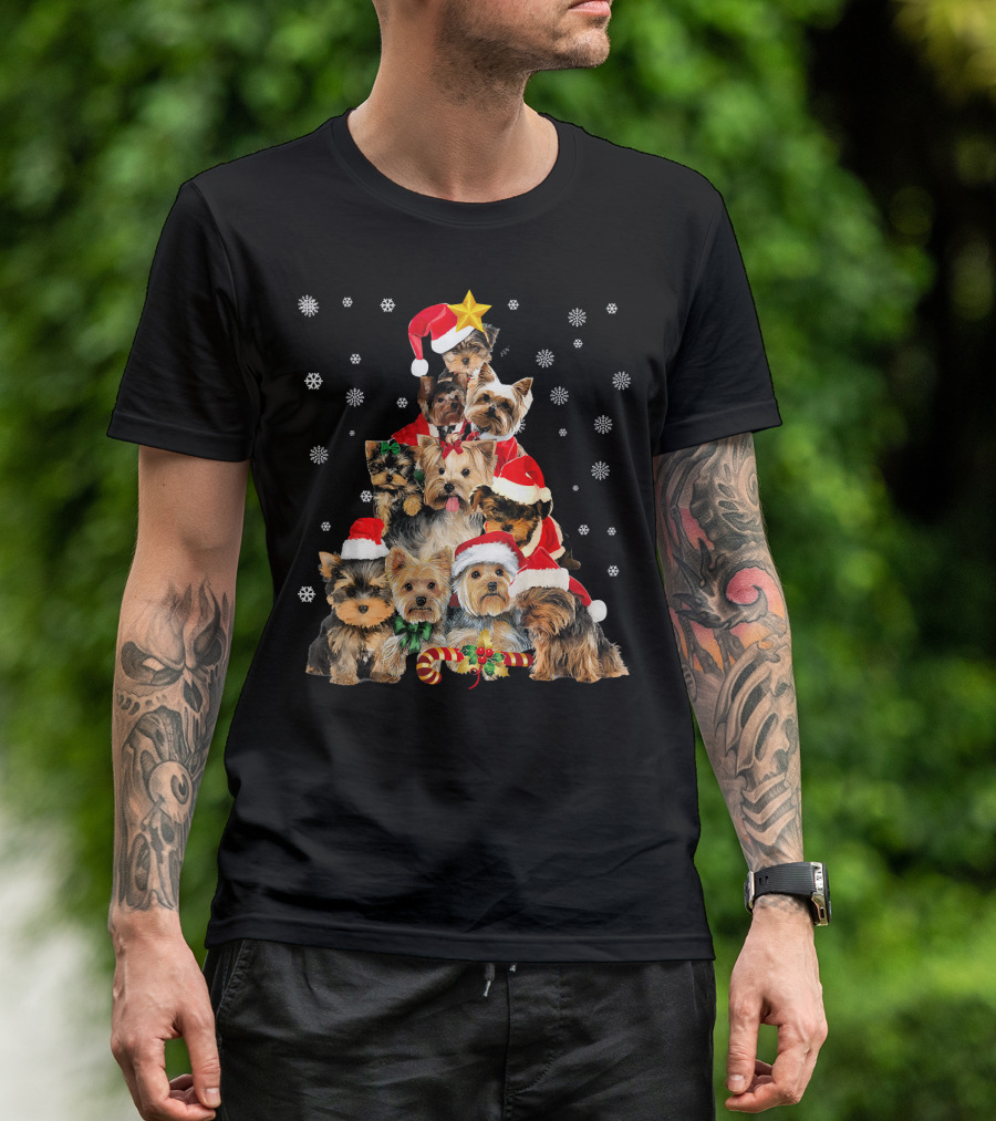 Santa Yorkie Christmas Tree With Snowflakes And Candy Cane T-Shirt