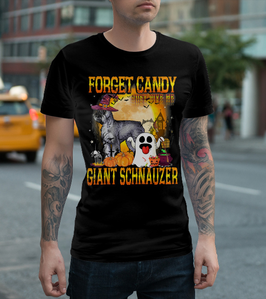 Forget Candy Just Give Me Giant Schnauzer Halloween Ghost Pumpkins Moon T-Shirt