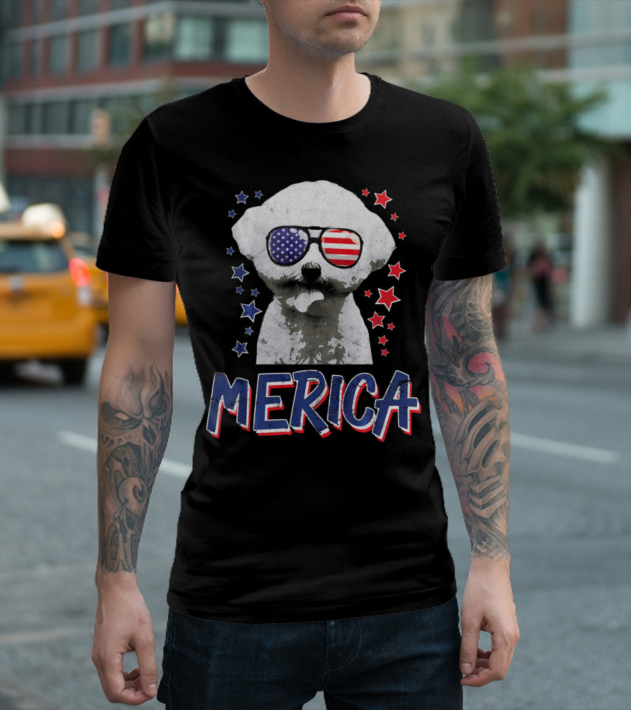 Merica Bichon Frise Dog Patriotic 4th of July USA with American Flag Sunglasses T-Shirt