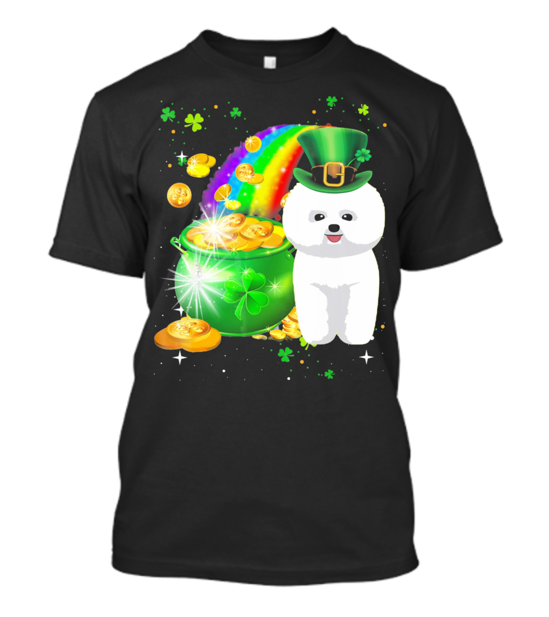 St Patricks Day Bichon Frise Lover Pot Of Gold Rainbow Clover Hat T-Shirt