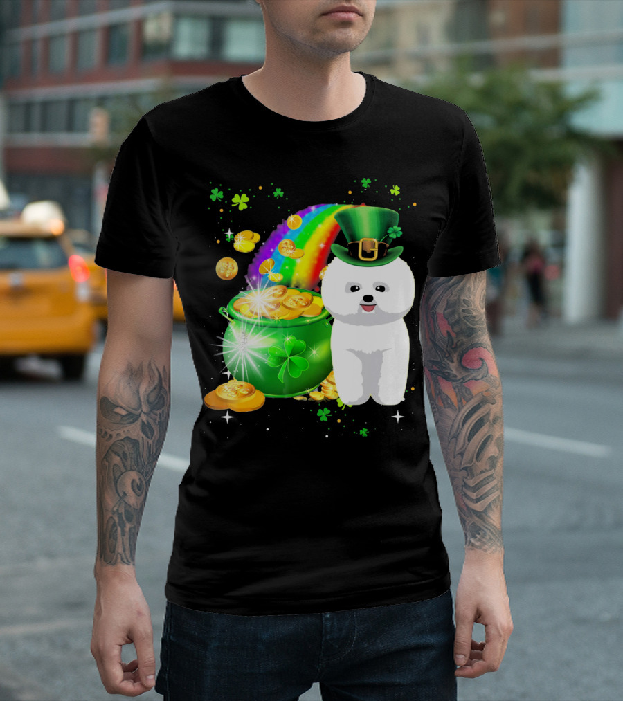 St Patricks Day Bichon Frise Lover Pot Of Gold Rainbow Clover Hat T-Shirt