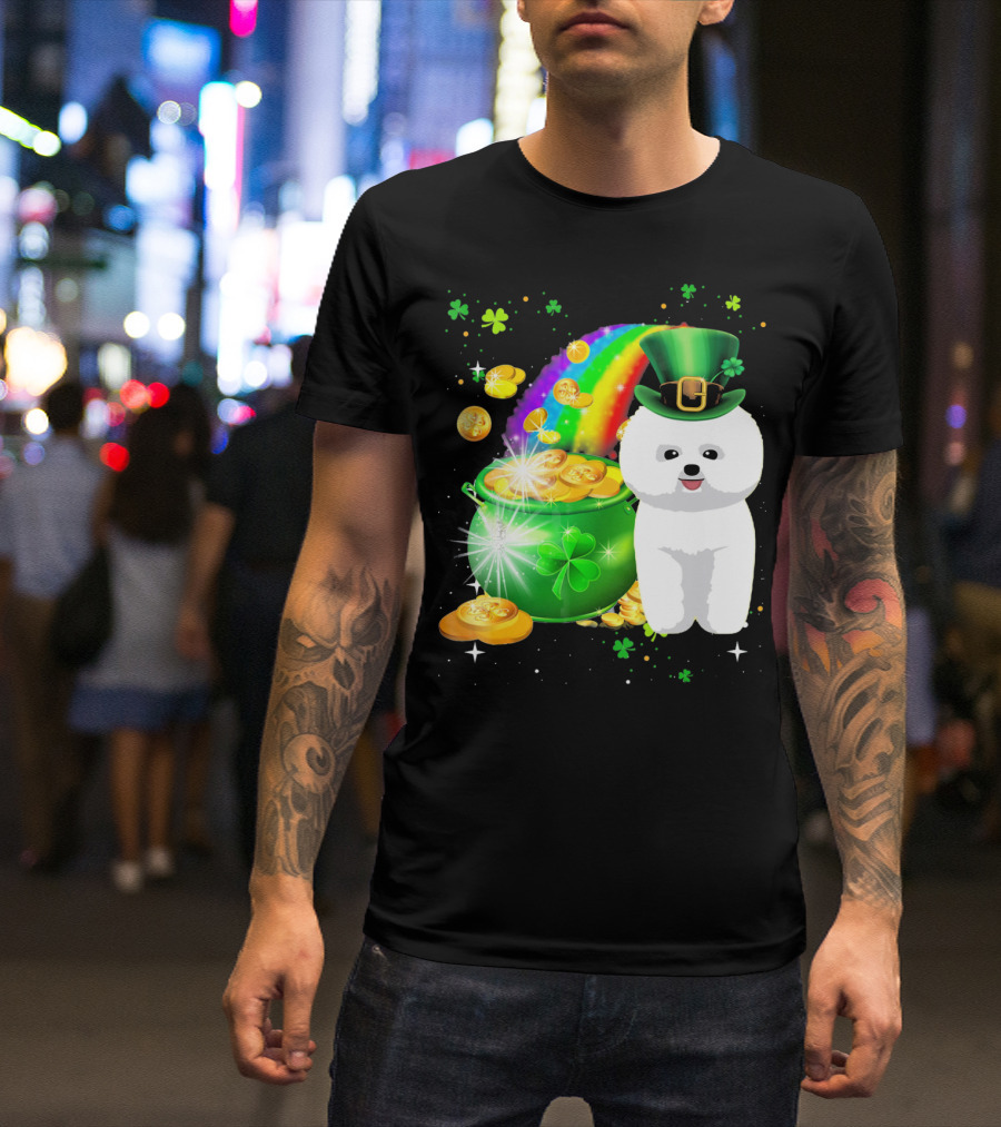 St Patricks Day Bichon Frise Lover Pot Of Gold Rainbow Clover Hat T-Shirt