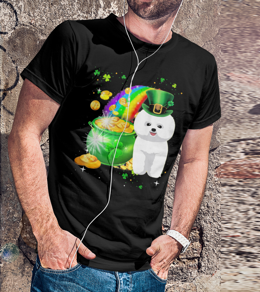 St Patricks Day Bichon Frise Lover Pot Of Gold Rainbow Clover Hat T-Shirt