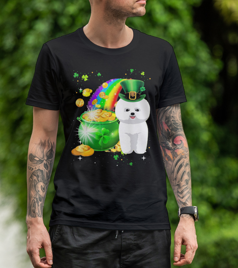 St Patricks Day Bichon Frise Lover Pot Of Gold Rainbow Clover Hat T-Shirt