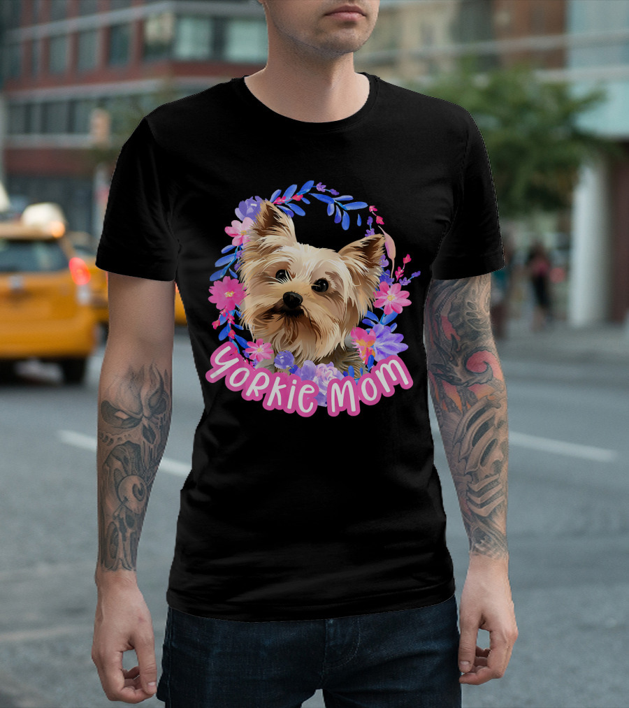 Yorkie Mom Cute Yorkshire Terrier With Floral Accents T-Shirt