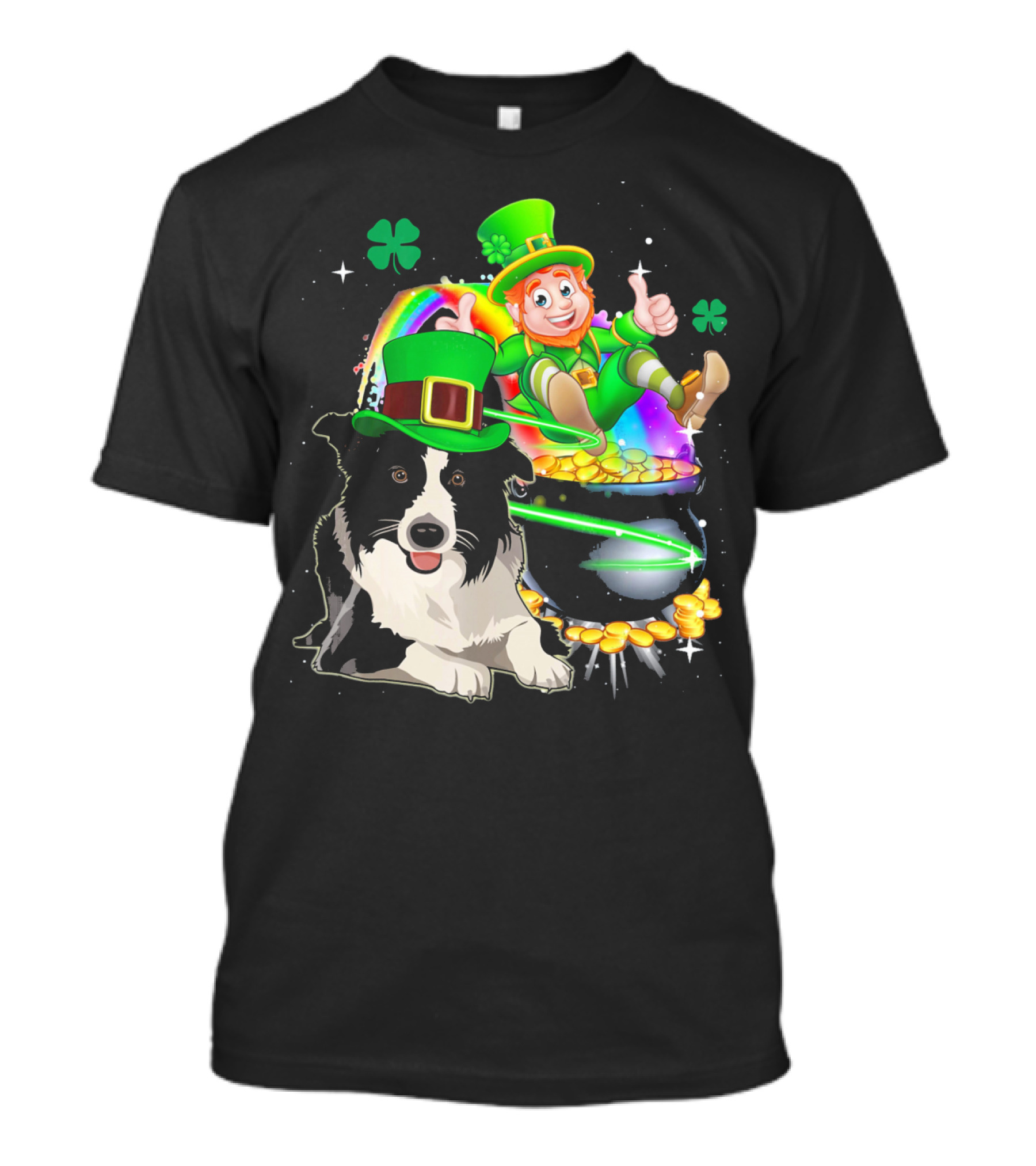 Leprechaun Border Collie With Rainbow And Pot Of Gold T-Shirt
