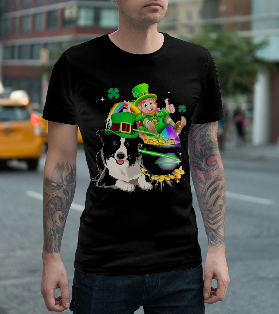 Leprechaun Border Collie With Rainbow And Pot Of Gold T-Shirt