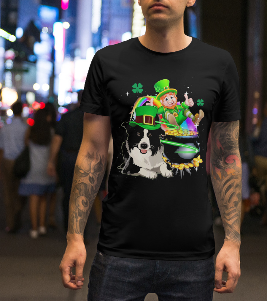 Leprechaun Border Collie With Rainbow And Pot Of Gold T-Shirt