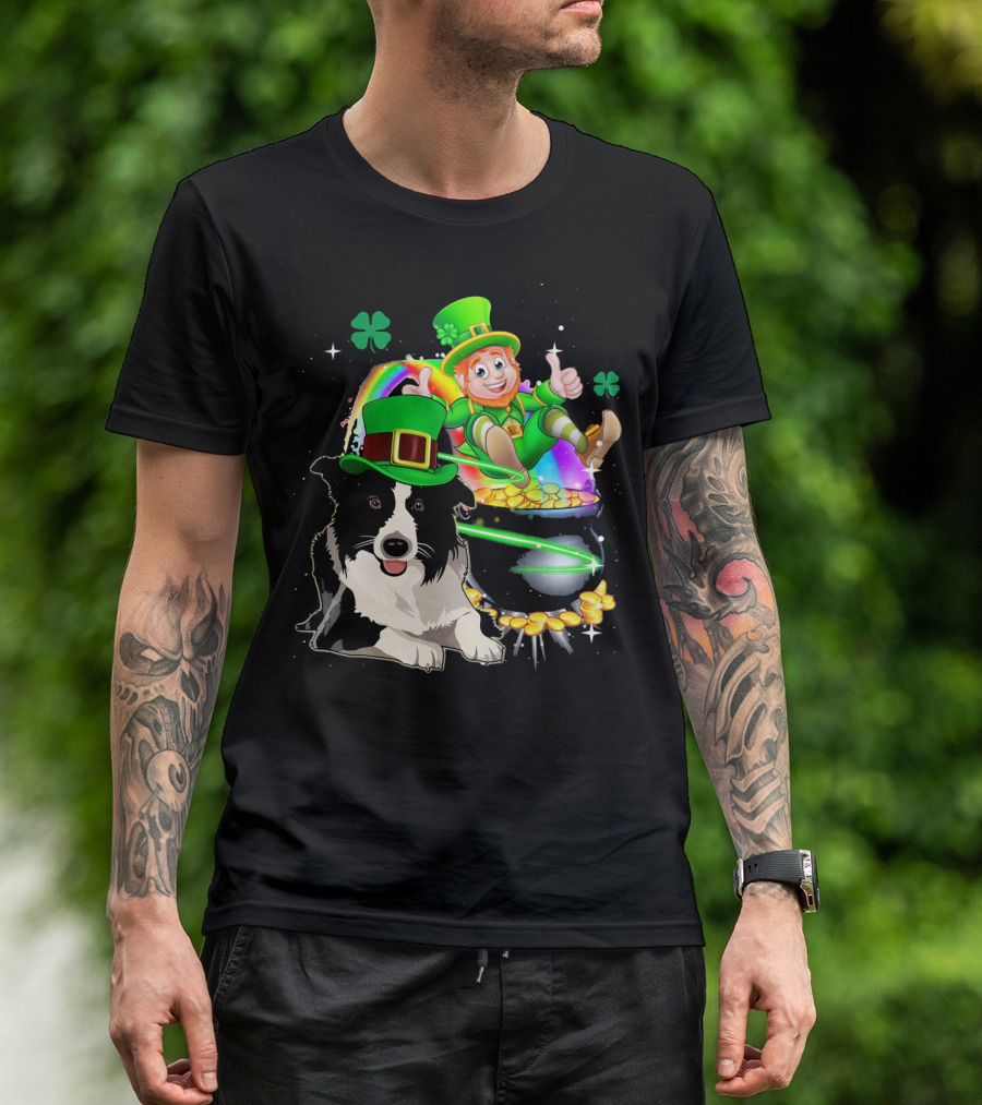 Leprechaun Border Collie With Rainbow And Pot Of Gold T-Shirt