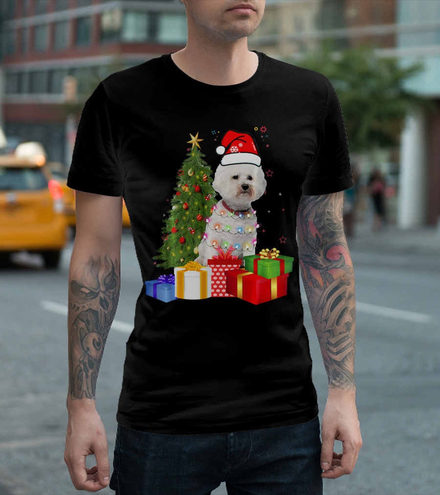 Santa Bichon Frise Christmas Tree with Presents and Lights T-Shirt
