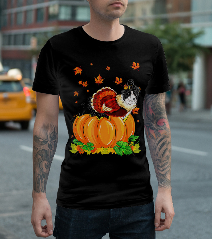 Thanksgiving Border Collie in Pilgrim Hat with Turkey Feathers and Pumpkins T-Shirt