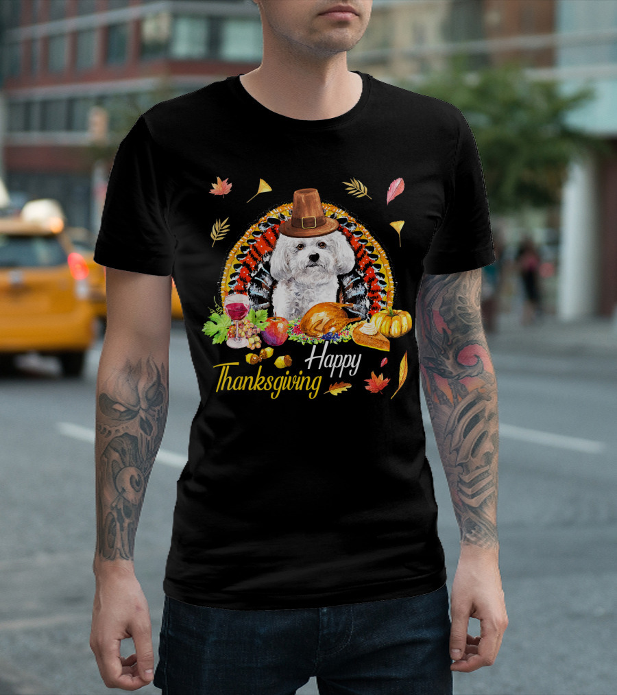 Happy Thanksgiving Pilgrim Hat Bichon Frise with Feast and Autumn Leaves T-Shirt