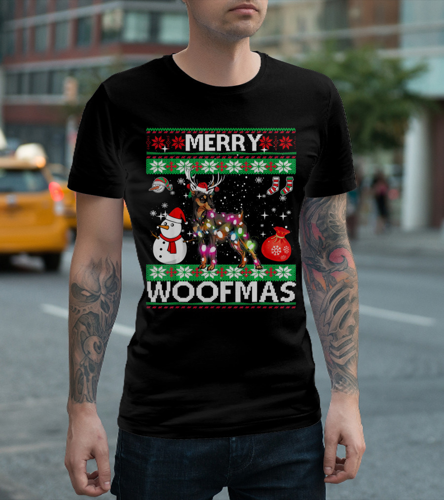 Merry Woofmas Miniature Pinscher Reindeer Snowman Christmas Lights T-Shirt