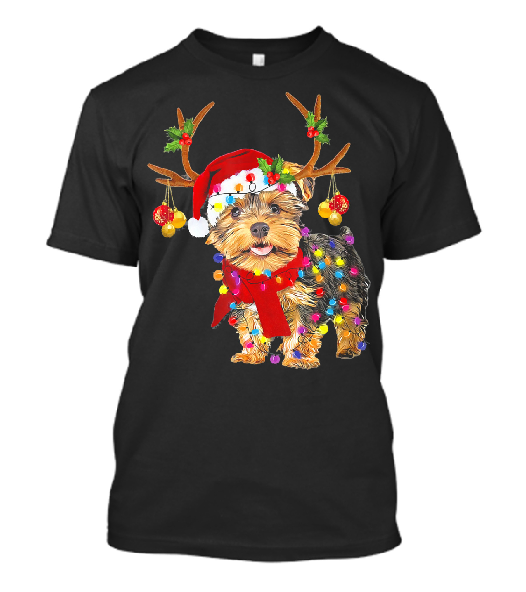 Santa Yorkie Terrier Dog Gorgeous Reindeer Holiday Lights T-Shirt