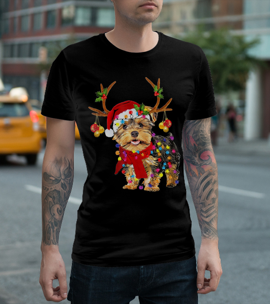 Santa Yorkie Terrier Dog Gorgeous Reindeer Holiday Lights T-Shirt