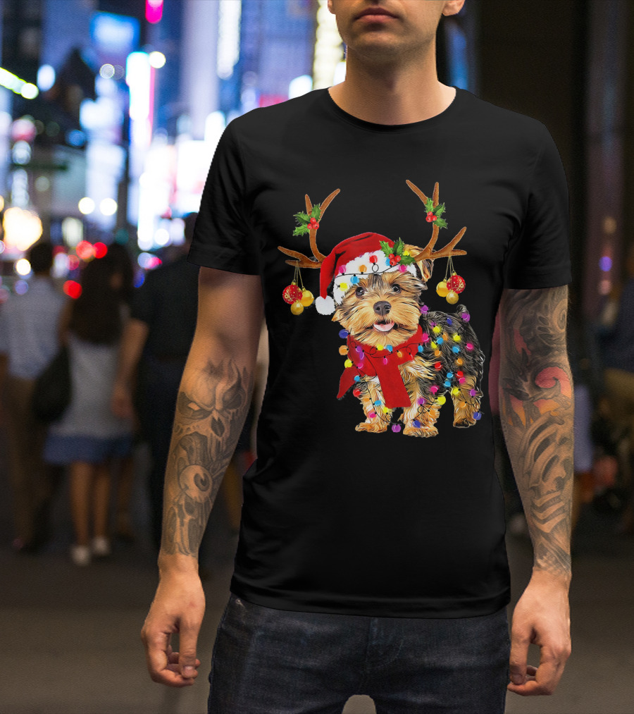 Santa Yorkie Terrier Dog Gorgeous Reindeer Holiday Lights T-Shirt
