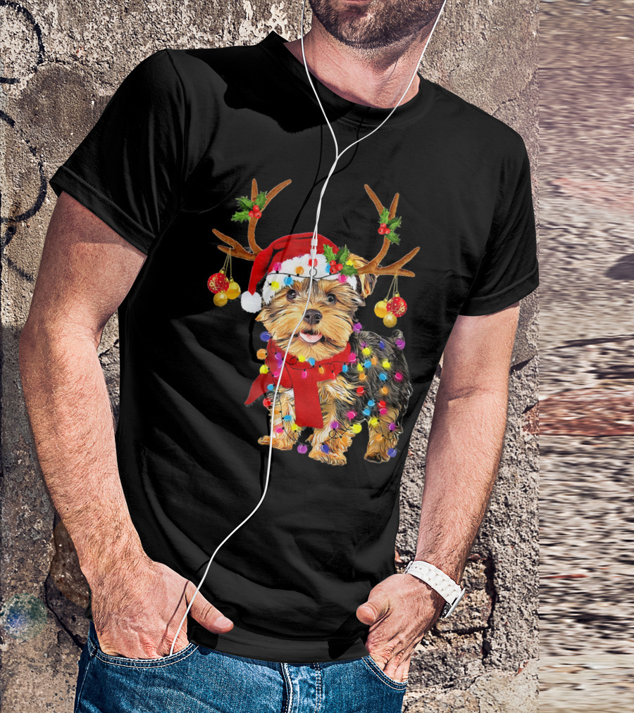 Santa Yorkie Terrier Dog Gorgeous Reindeer Holiday Lights T-Shirt