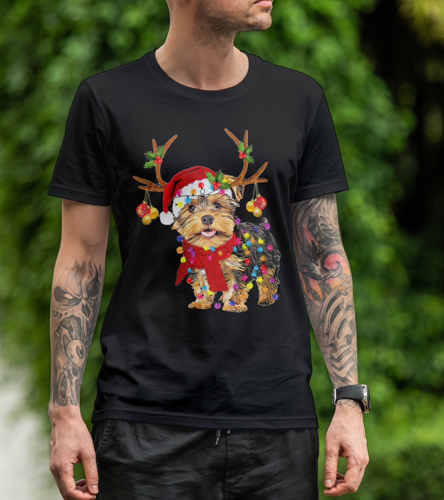 Santa Yorkie Terrier Dog Gorgeous Reindeer Holiday Lights T-Shirt