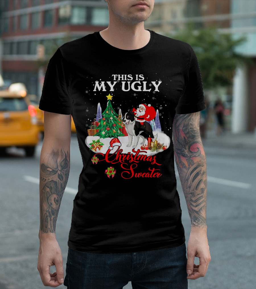 This Is My Ugly Christmas Sweater Santa Riding Border Collie T-Shirt