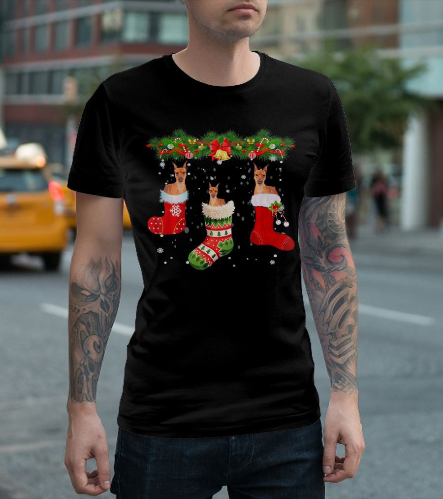 Three Miniature Pinscher Dog in Christmas Stockings with Holiday Decorations T-Shirt