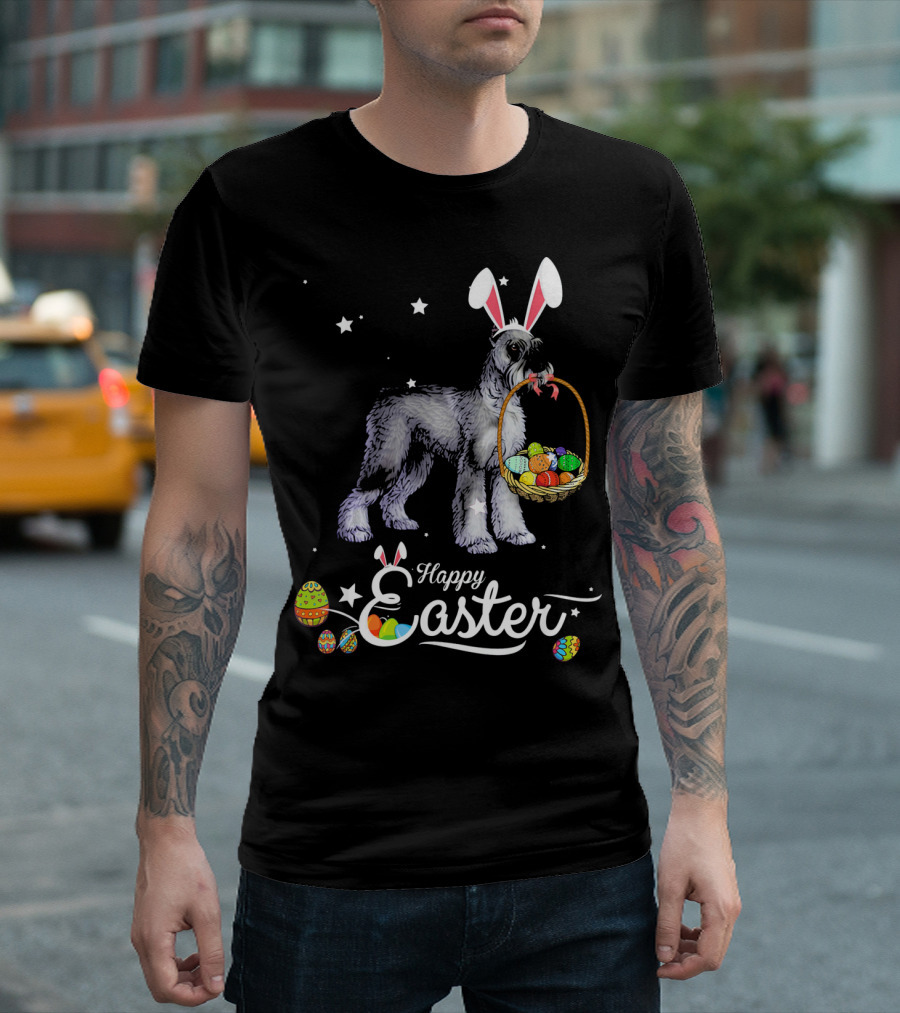 Happy Easter Giant Schnauzer With Bunny Ears Carrying Basket Of Eggs T-Shirt