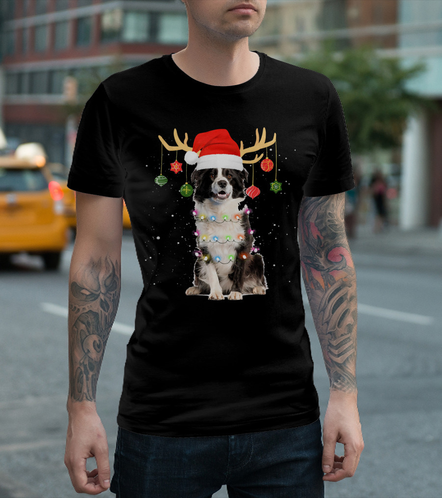 Reindeer Border Collie Christmas Santa Hat Antlers Holiday Lights T-Shirt
