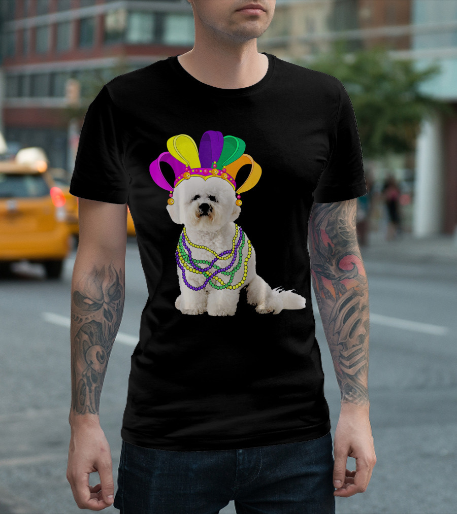 Mardi Gras Bichon Frise Beads And Jester Hat T-Shirt