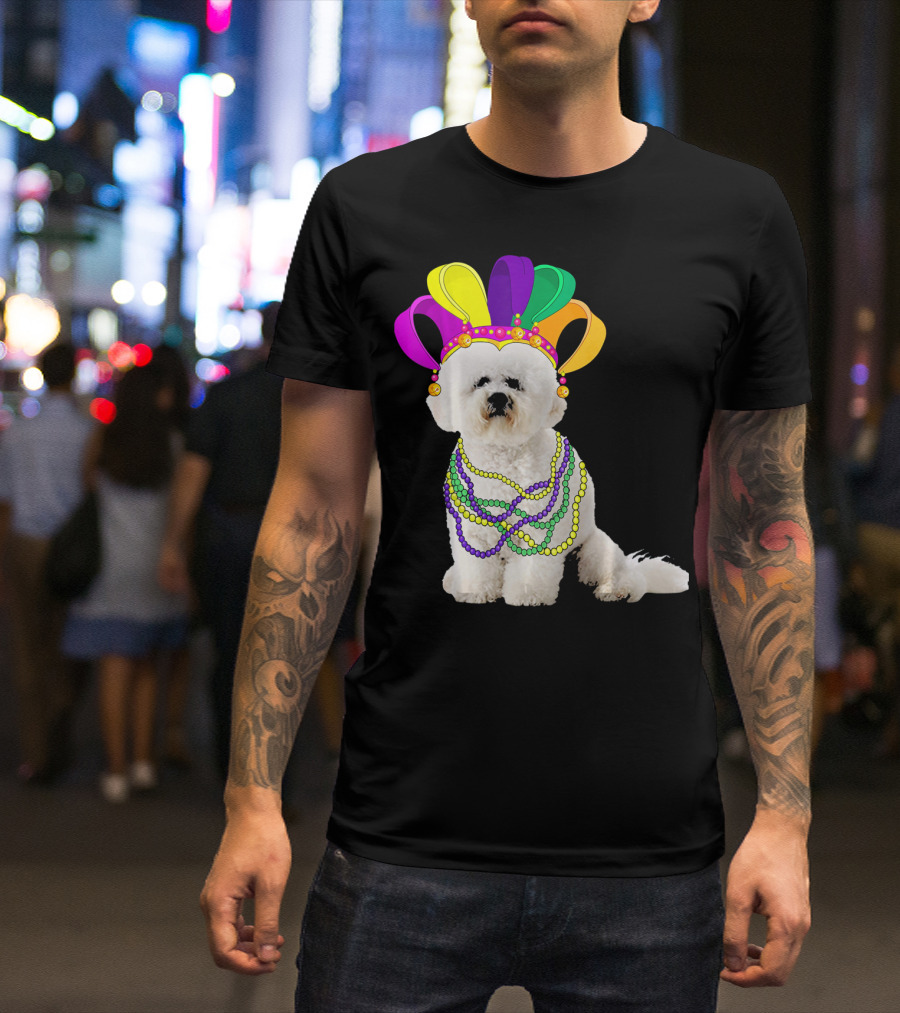 Mardi Gras Bichon Frise Beads And Jester Hat T-Shirt
