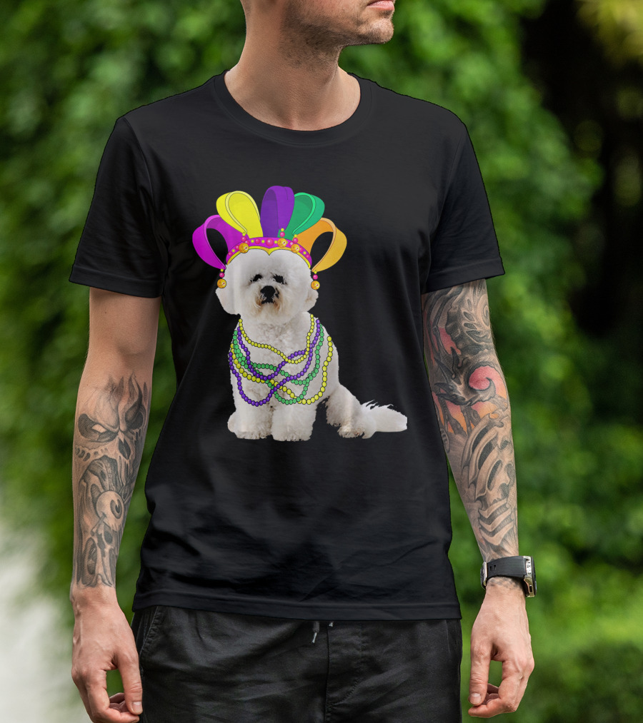 Mardi Gras Bichon Frise Beads And Jester Hat T-Shirt