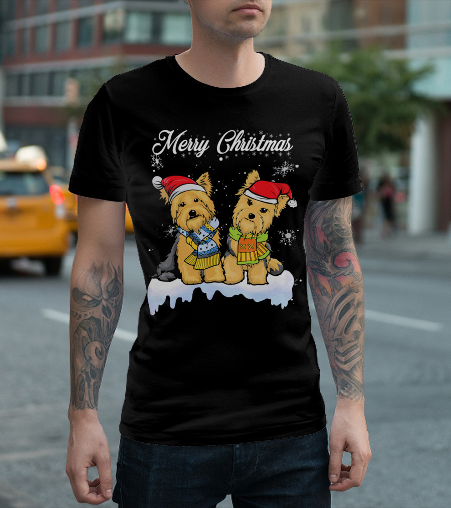 Merry Christmas Yorkshire Terrier Santa Hats And Scarves T-Shirt
