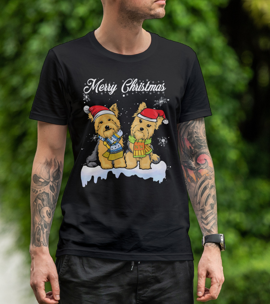 Merry Christmas Yorkshire Terrier Santa Hats And Scarves T-Shirt