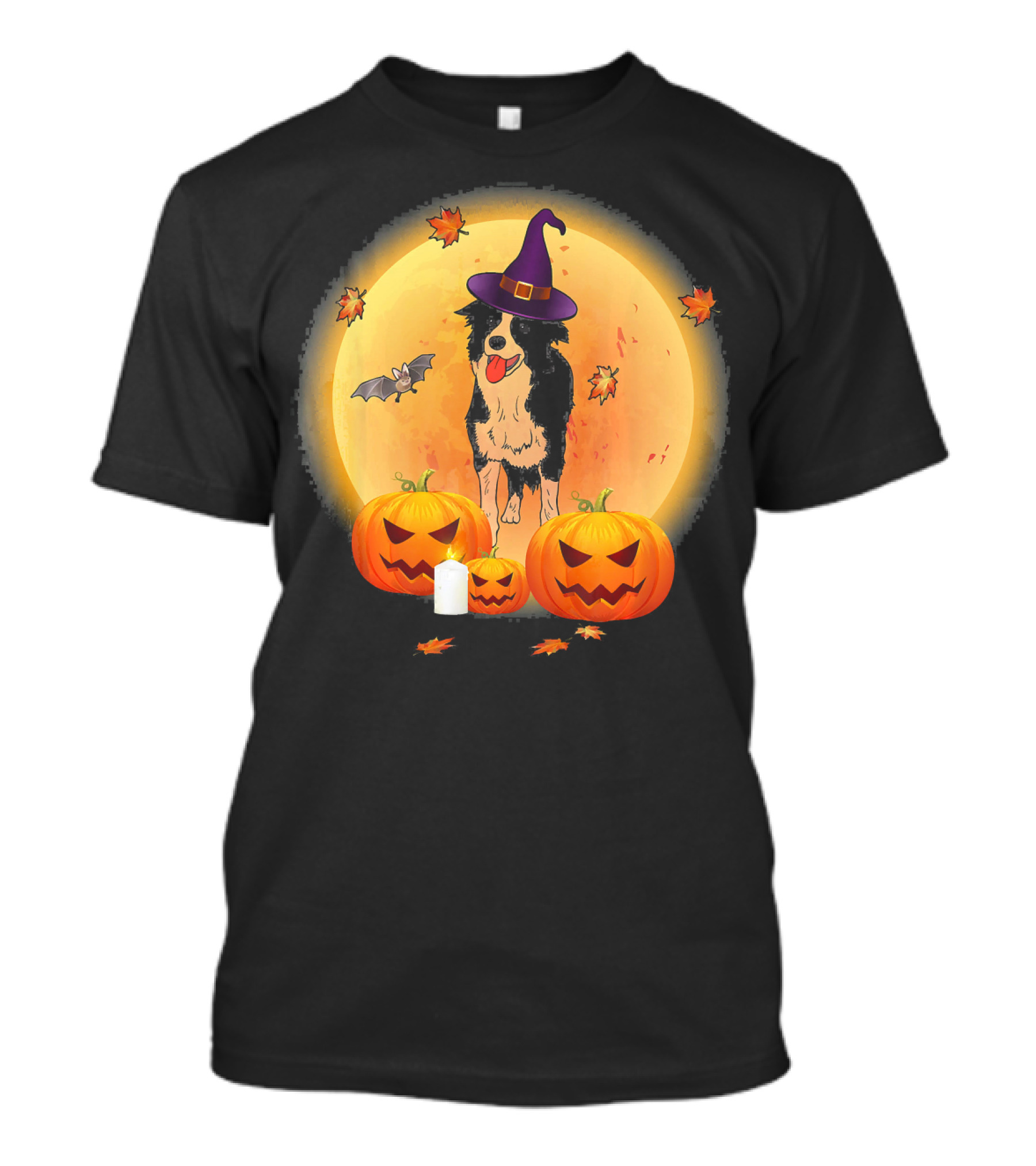Halloween Border Collie Witch Hat Pumpkin Moon Bat Leaves T-Shirt