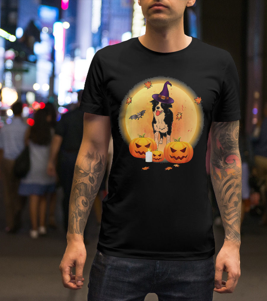 Halloween Border Collie Witch Hat Pumpkin Moon Bat Leaves T-Shirt
