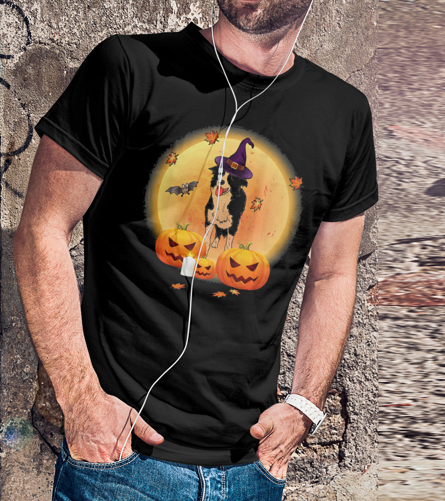 Halloween Border Collie Witch Hat Pumpkin Moon Bat Leaves T-Shirt