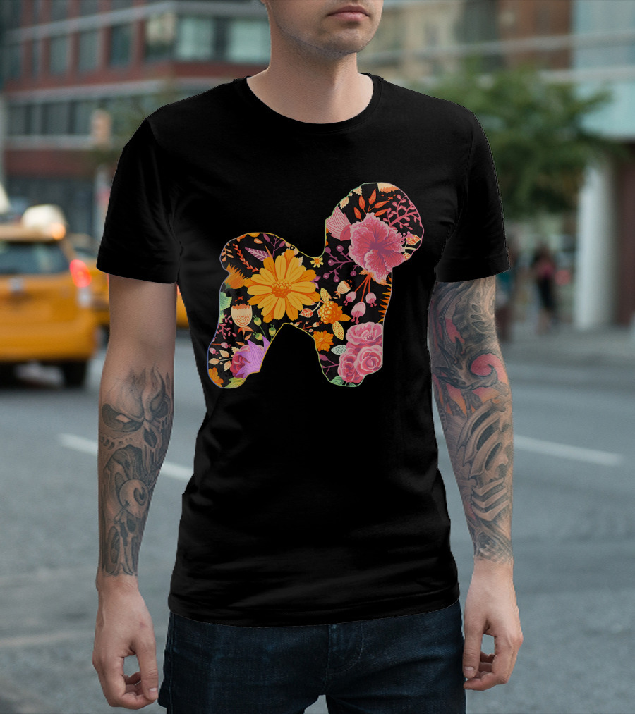 Floral Flower Vintage Retro Bichon Frise Collage T-Shirt