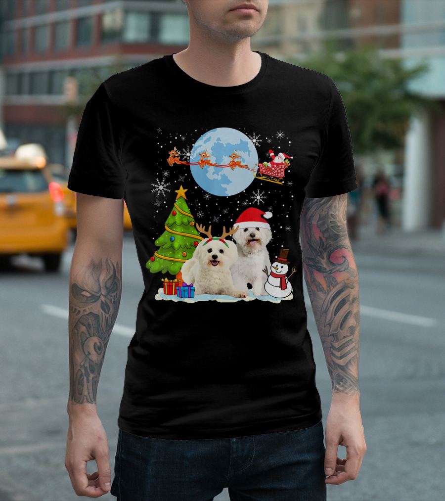 Bichon Frise Christmas Santa Sleigh Moon with Tree and Snowman T-Shirt