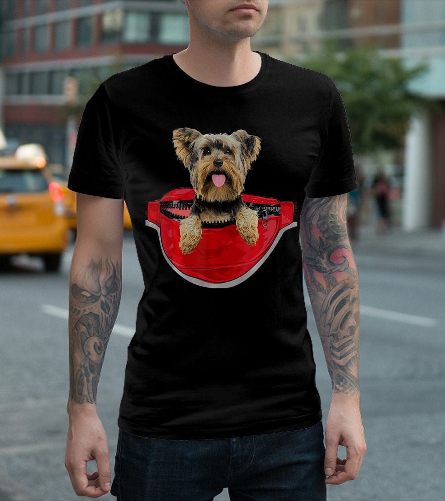 Yorkshire Terrier In Red Waist Pack Tail Wagging Dog Lovers T-Shirt