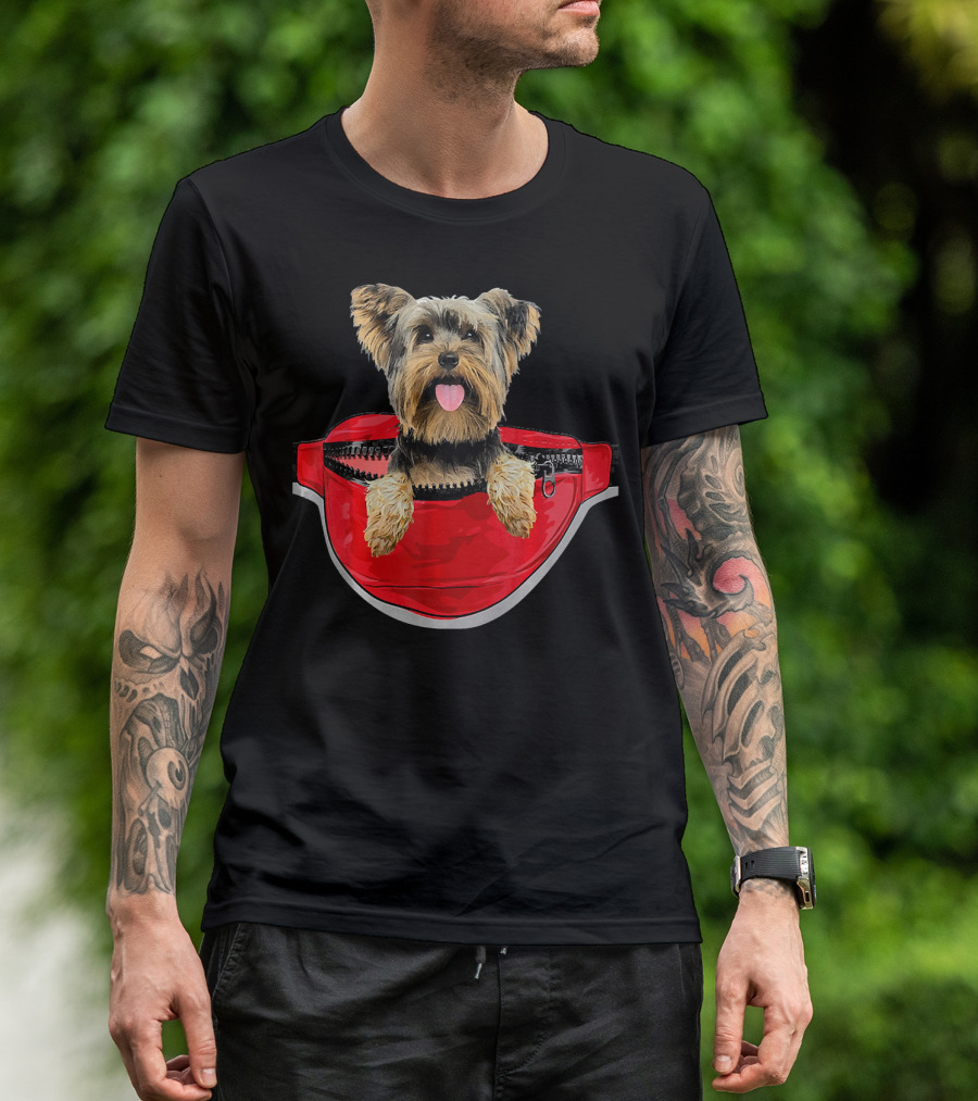 Yorkshire Terrier In Red Waist Pack Tail Wagging Dog Lovers T-Shirt