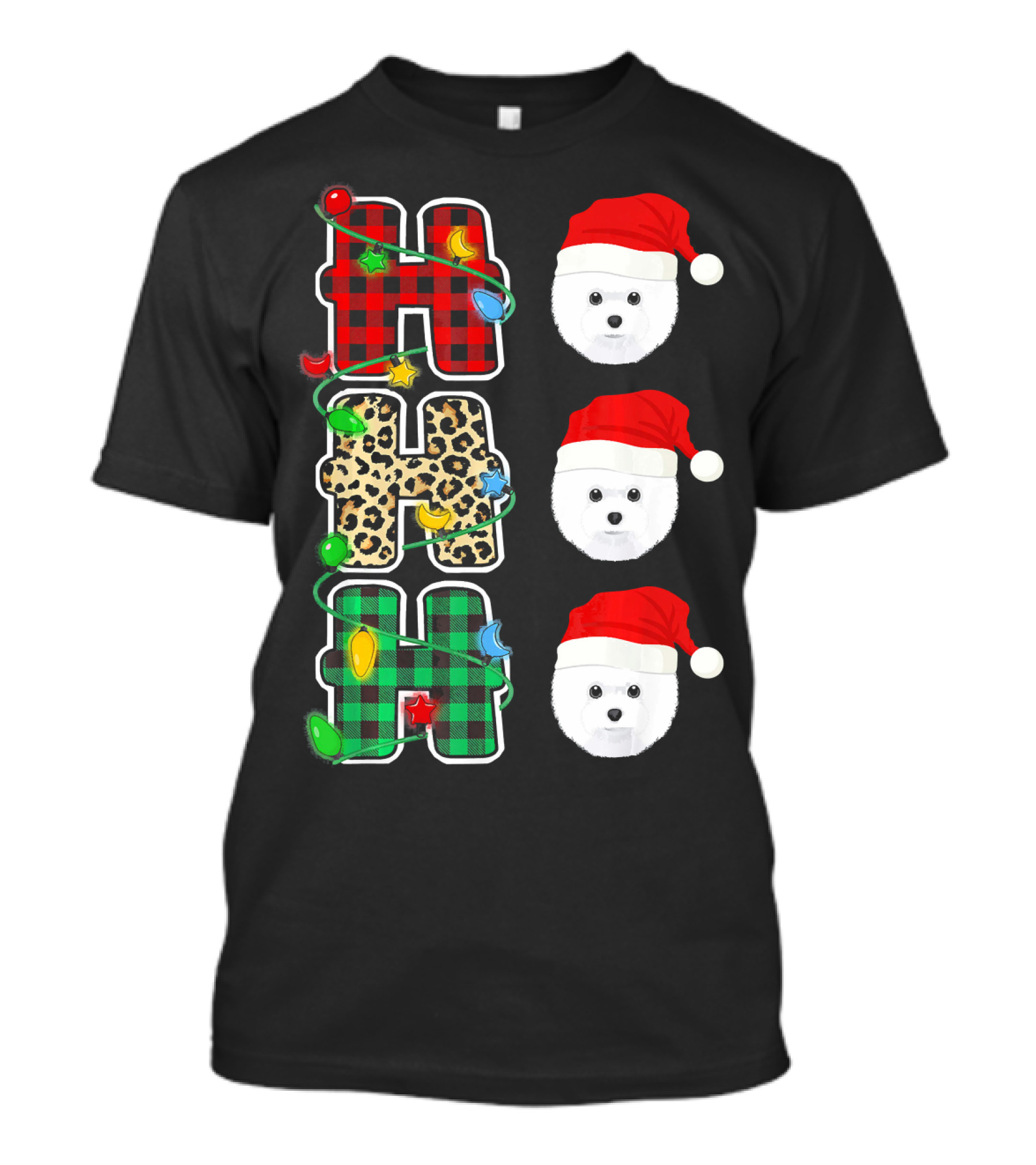 HO HO HO Santa Hat Bichon Frise Plaid And Leopard Christmas Lights T-Shirt