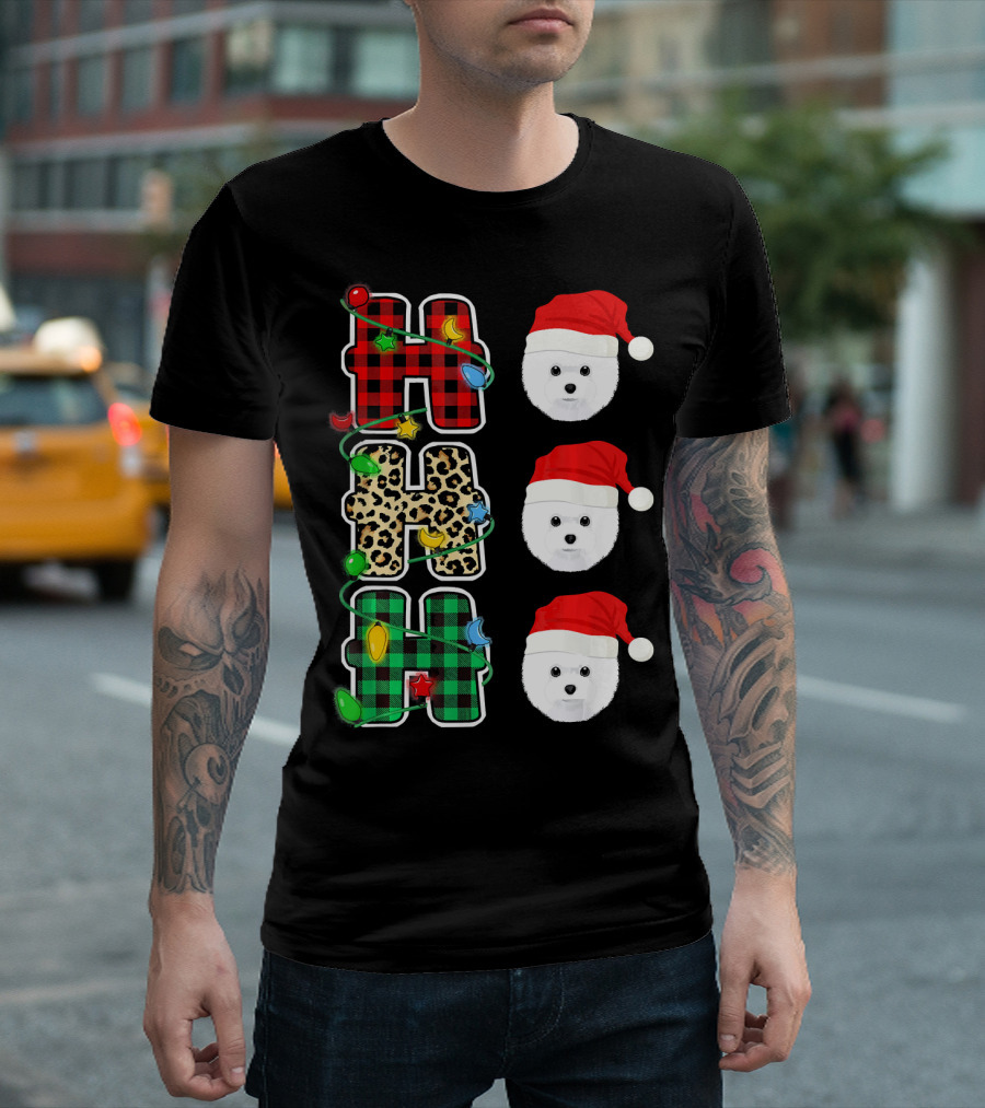 HO HO HO Santa Hat Bichon Frise Plaid And Leopard Christmas Lights T-Shirt