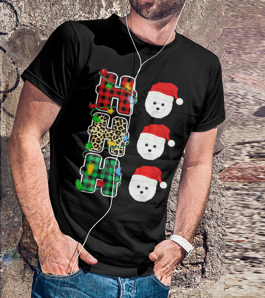 HO HO HO Santa Hat Bichon Frise Plaid And Leopard Christmas Lights T-Shirt