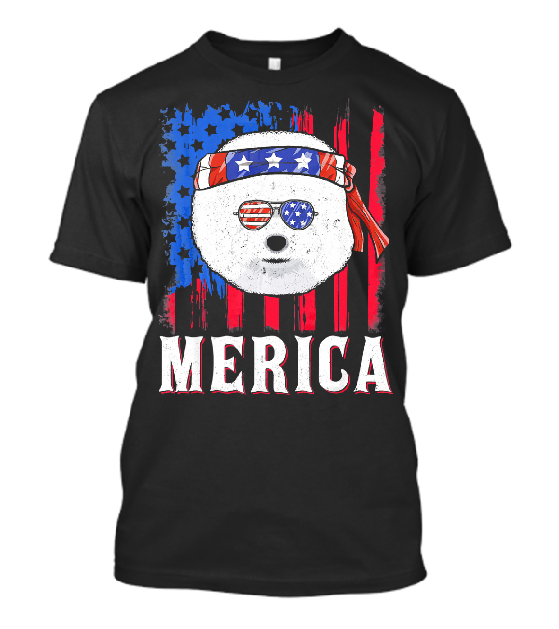 Merica Bichon Frise American Flag Sunglasses Headband Stars Stripes T-Shirt