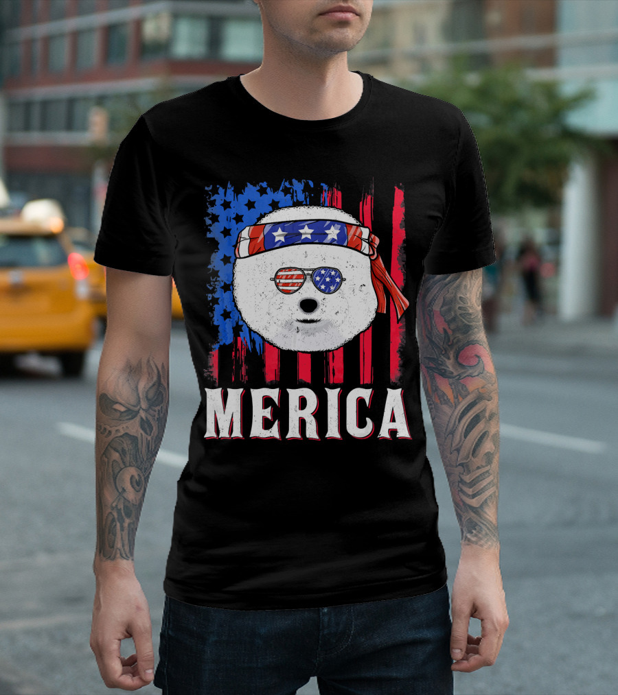 Merica Bichon Frise American Flag Sunglasses Headband Stars Stripes T-Shirt