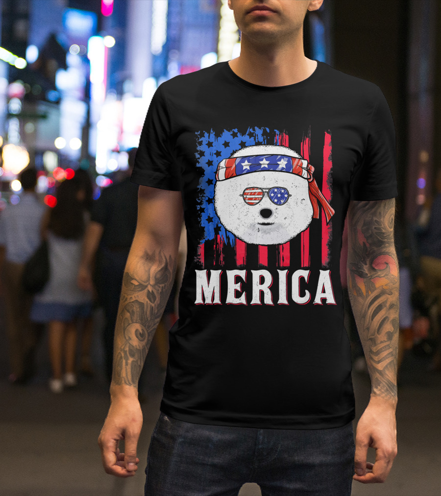 Merica Bichon Frise American Flag Sunglasses Headband Stars Stripes T-Shirt