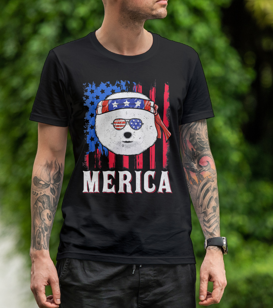 Merica Bichon Frise American Flag Sunglasses Headband Stars Stripes T-Shirt