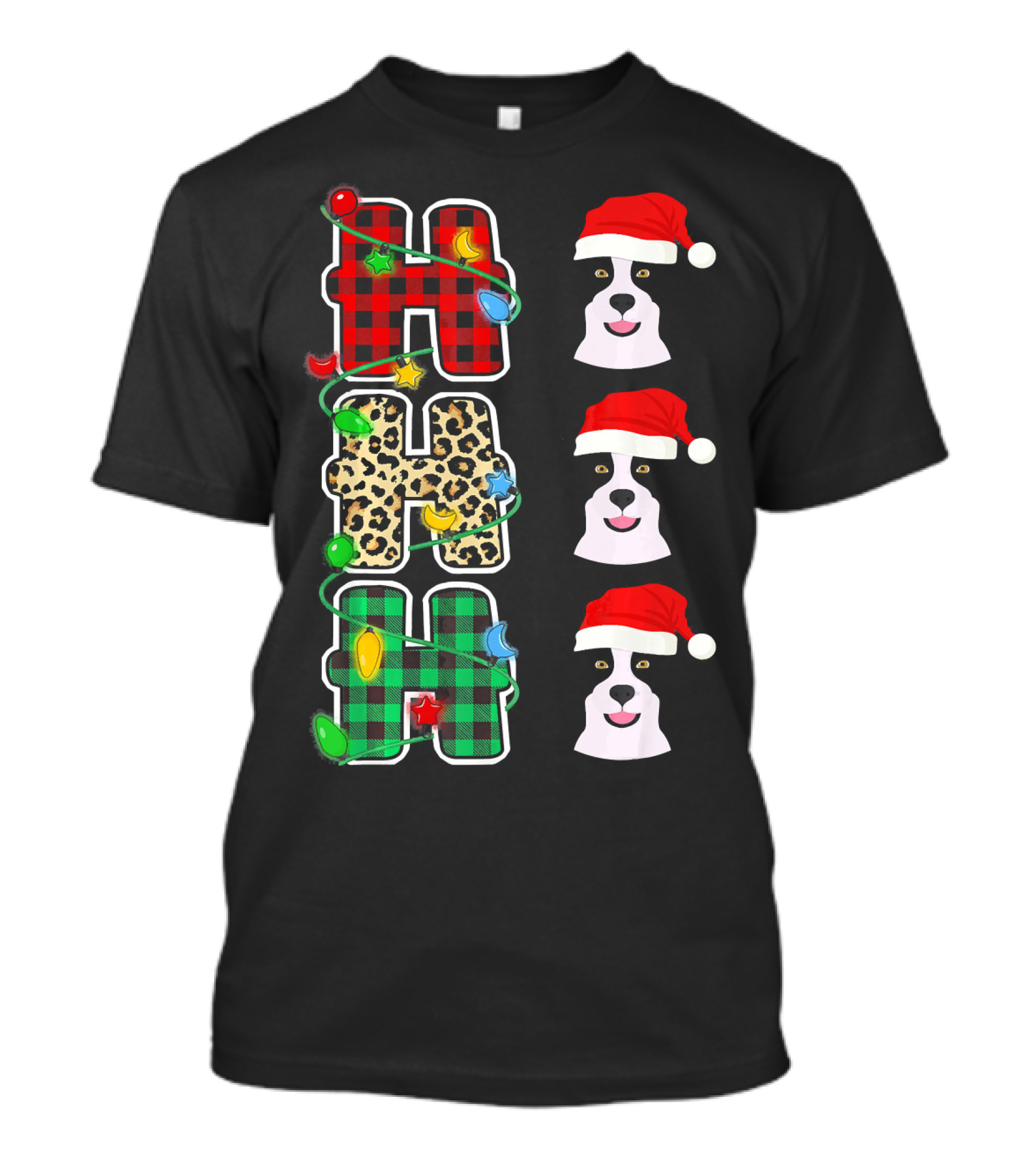 HO HO HO Plaid Leopard Santa Hat Border Collie Christmas Lights T-Shirt