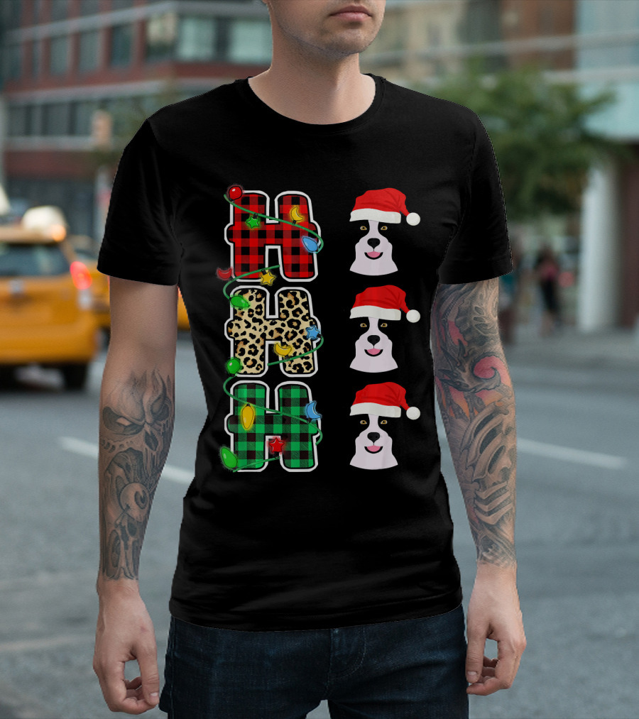 HO HO HO Plaid Leopard Santa Hat Border Collie Christmas Lights T-Shirt