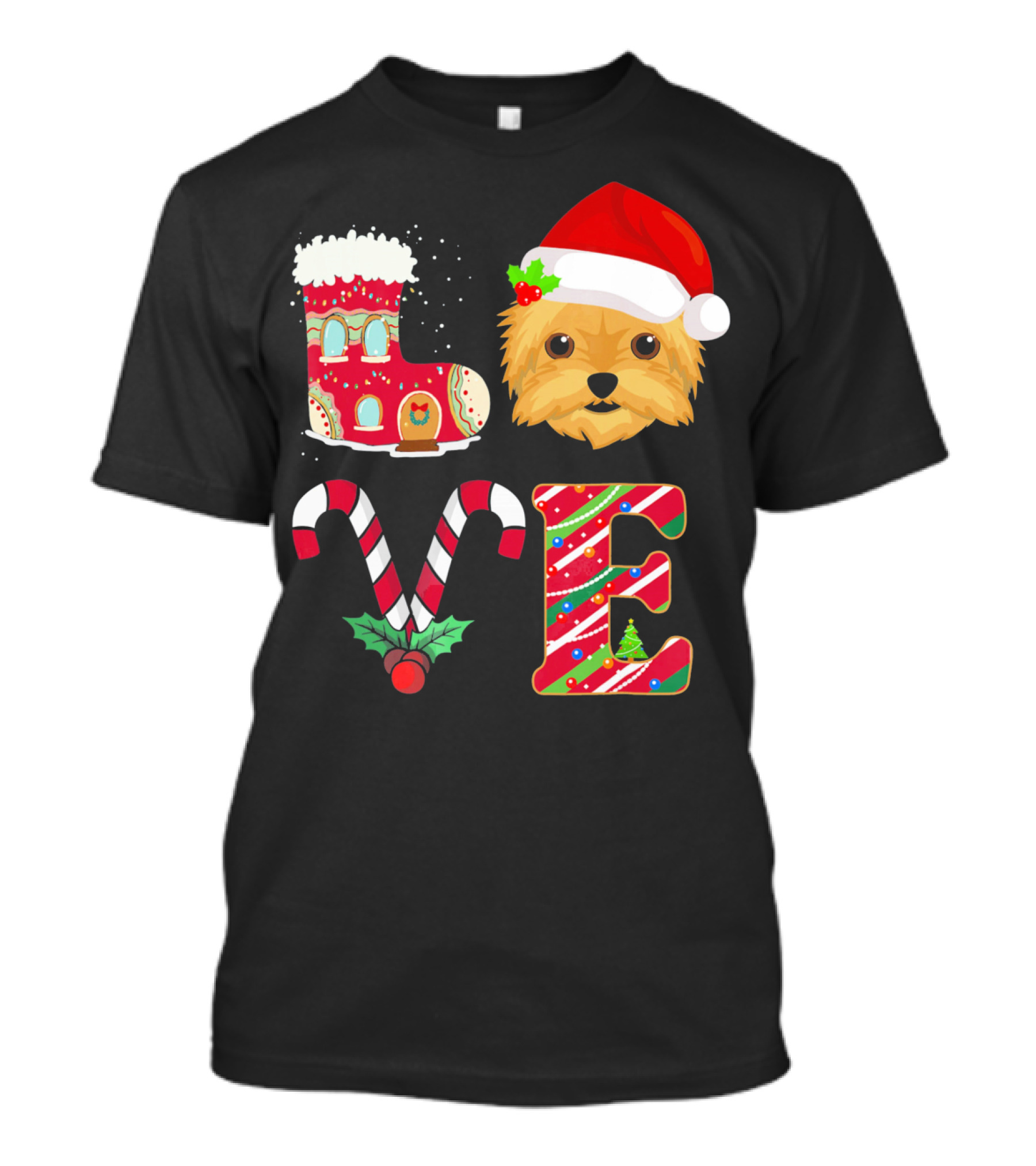 Love My Yorkshire Terrier Christmas Gingerbread Candy Cane Santa Hat T-Shirt