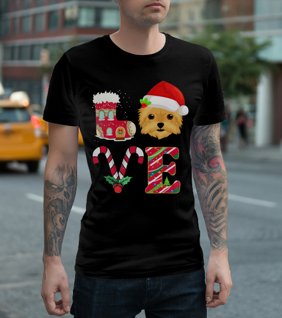 Love My Yorkshire Terrier Christmas Gingerbread Candy Cane Santa Hat T-Shirt